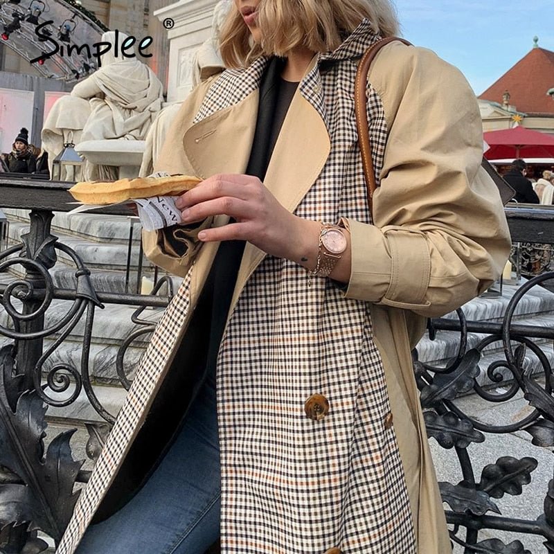 Simplee Casual lapel women trench coat Double breasted stitching plaid female long trenches High street style ladies overcoats