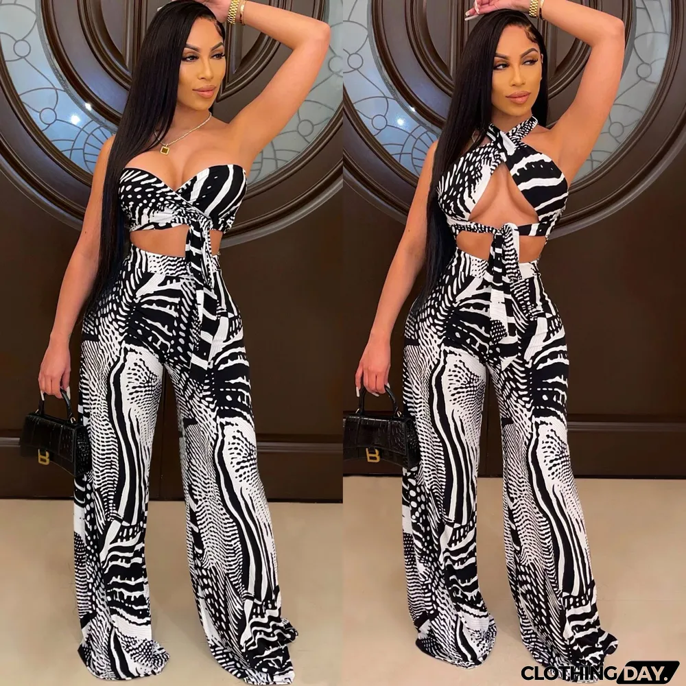 Fashion Tube Top Print Lace-Up Flared Pants Two-Piece Set
