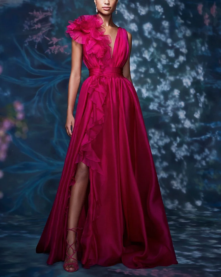 Elegant Floral Ruffle Dress Gown