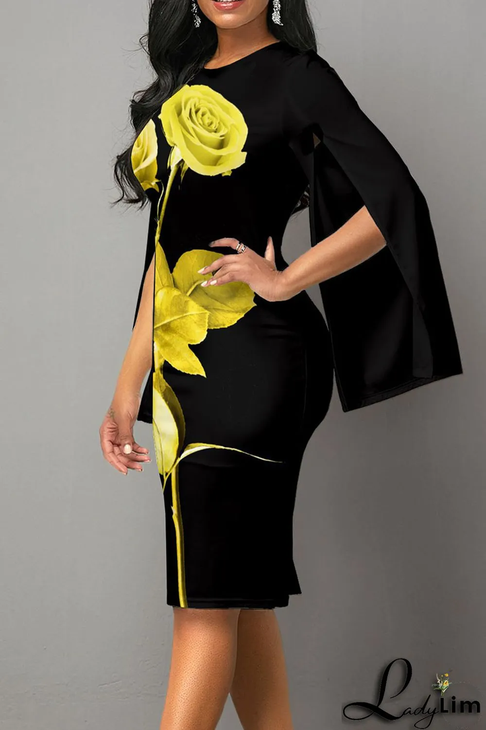 Black Casual Elegant Print Patchwork O Neck One Step Skirt Dresses