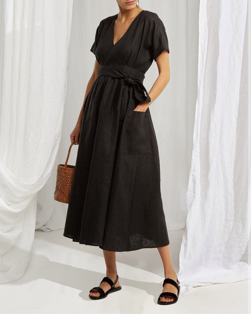 Rotimia Casual V Neck Belted High Waist Cotton- Linen Dress