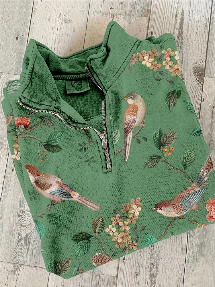 Wearshes Vintage Birds and Flowers Art Pattern Zip Up Cozy Sweatshirt