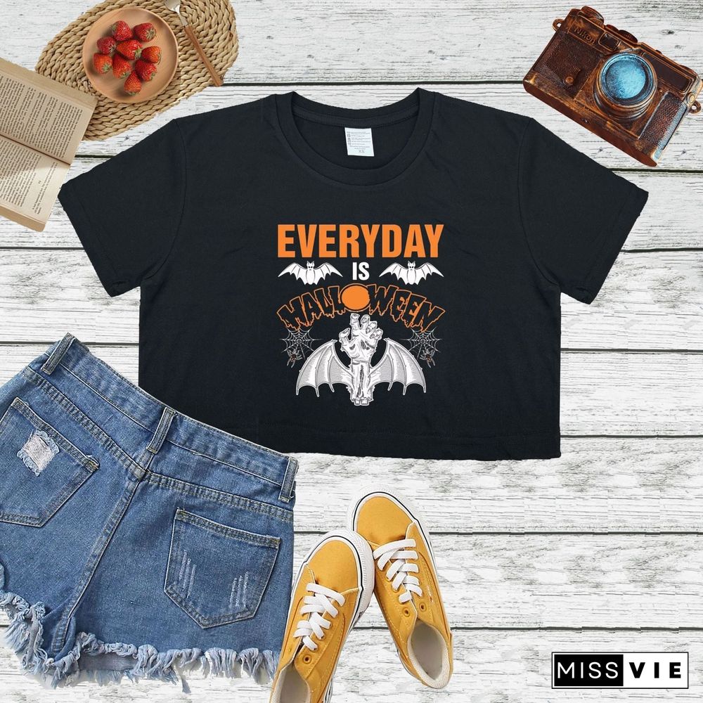 Crew Neck Halloween Letter Print Short Sleeve Crop Tops