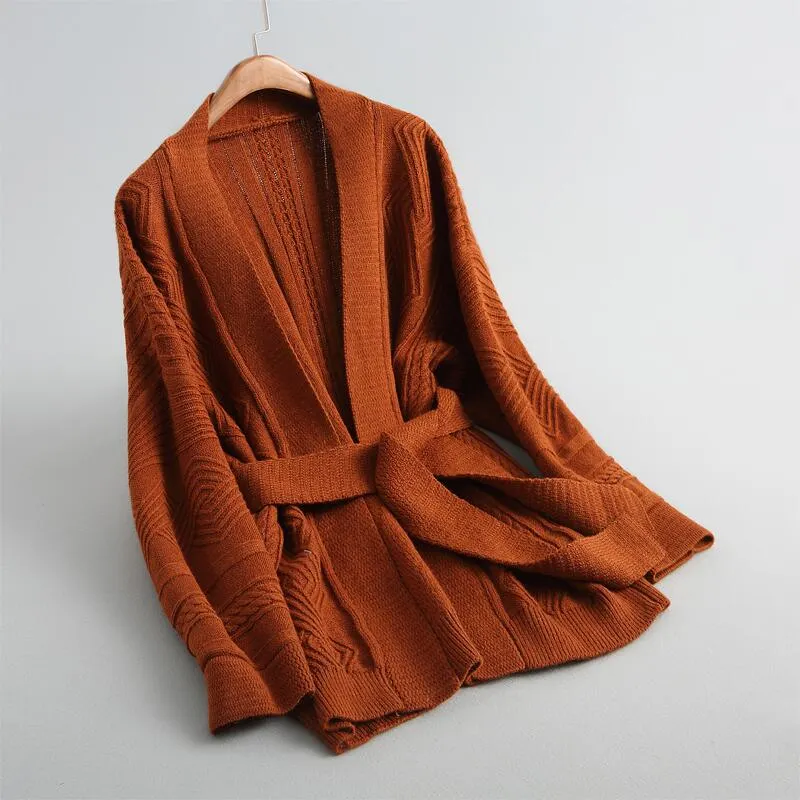 women cardigans and coat casual solid color sweater cardigan sweater thick decorative belt