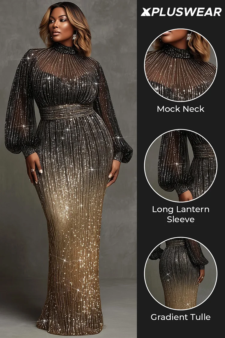 Xpluswear Design Plus Size Formal Gold Gradient Mock Neck Lantern Sleeve Long Sleeve See Through Elegant Bodycon Tulle Maxi Dresses [Pre-Order]