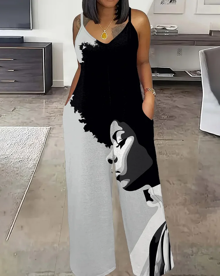 Afro Girl Art Sleeveless Straight Jumpsuit