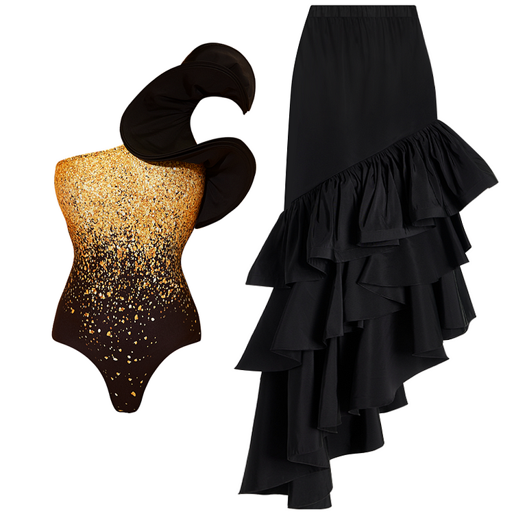 Ruffle One Shoulder One Piece Swimsuit and Skirt Flaxmaker