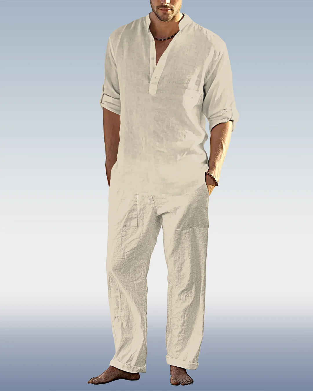 Men's Khaki Casual Cotton Linen Trousers Long Sleeve Set 19