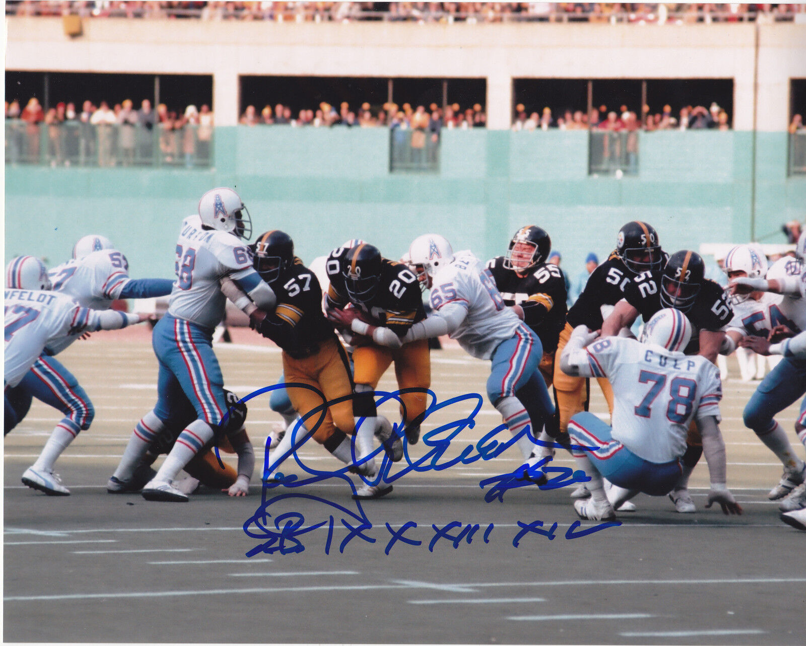 ROCKY BLEIER PITTSBURGH STEELERS SB IX, X, XIII, XIV ACTION SIGNED 8x10