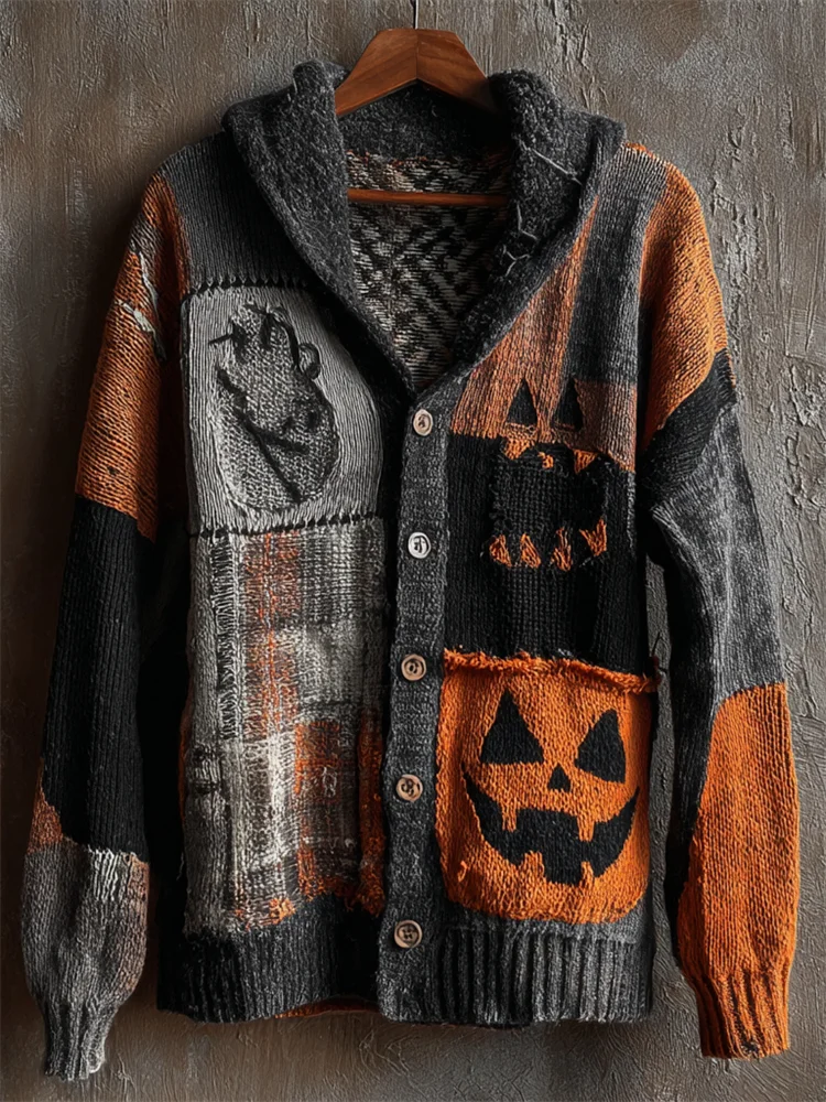 Halloween Pumpkin Face Plaid Colorblock Patchwork Cozy Knit Hooded Cardigan