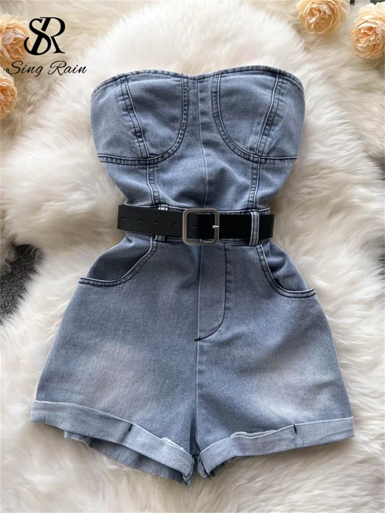 Huibahe 2024 Women Playsuit Summer Sexy Off Shoulder Wide Leg Short Denim Rompers Fashion Backless Streetwear