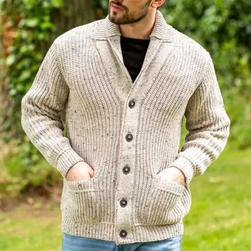 Men's Casual Thickened Warm Long Sleeve Lapel Pocket Knit Cardigan