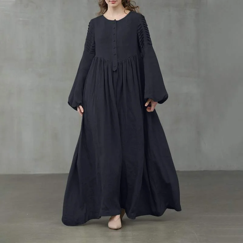 ZANZEA Spring Pleated Sundress Vintage Women Lantern Sleeve Maxi Long Dress Elegant Solid Party Kaftan Vestido Baggy  7