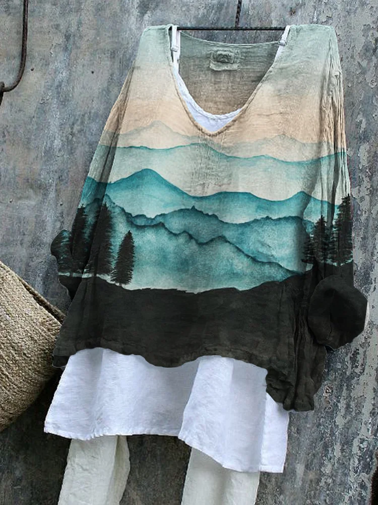 Comstylish Mountains Landscape Watercolor Art Linen Blend Tunic