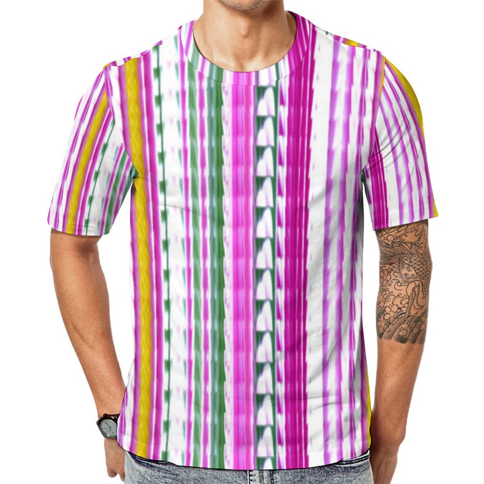 Fuchsia Magenta Teal Stripes Short Sleeve Print Unisex Tshirt Summer Casual Tees for Men and Women Coolcoshirts