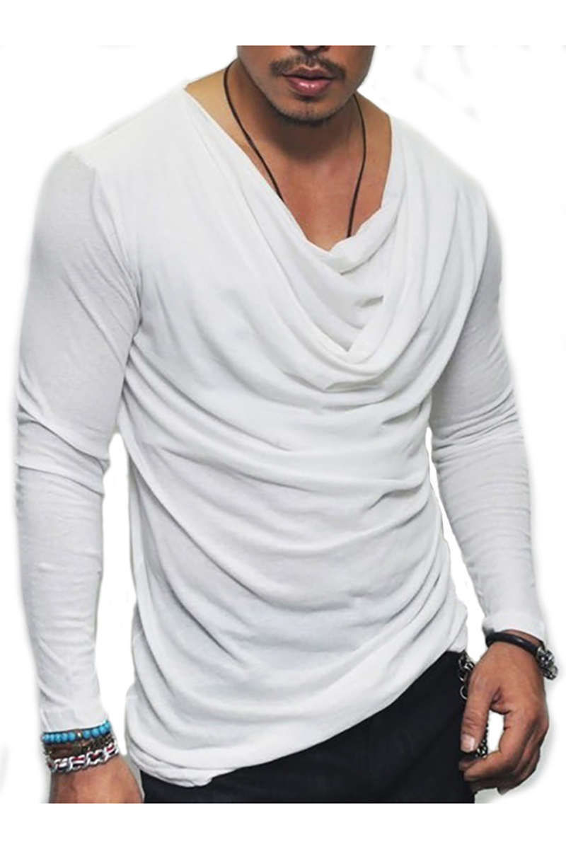 Pleated Cowl Neck Long Sleeve Slim Fit Casual T-Shirt