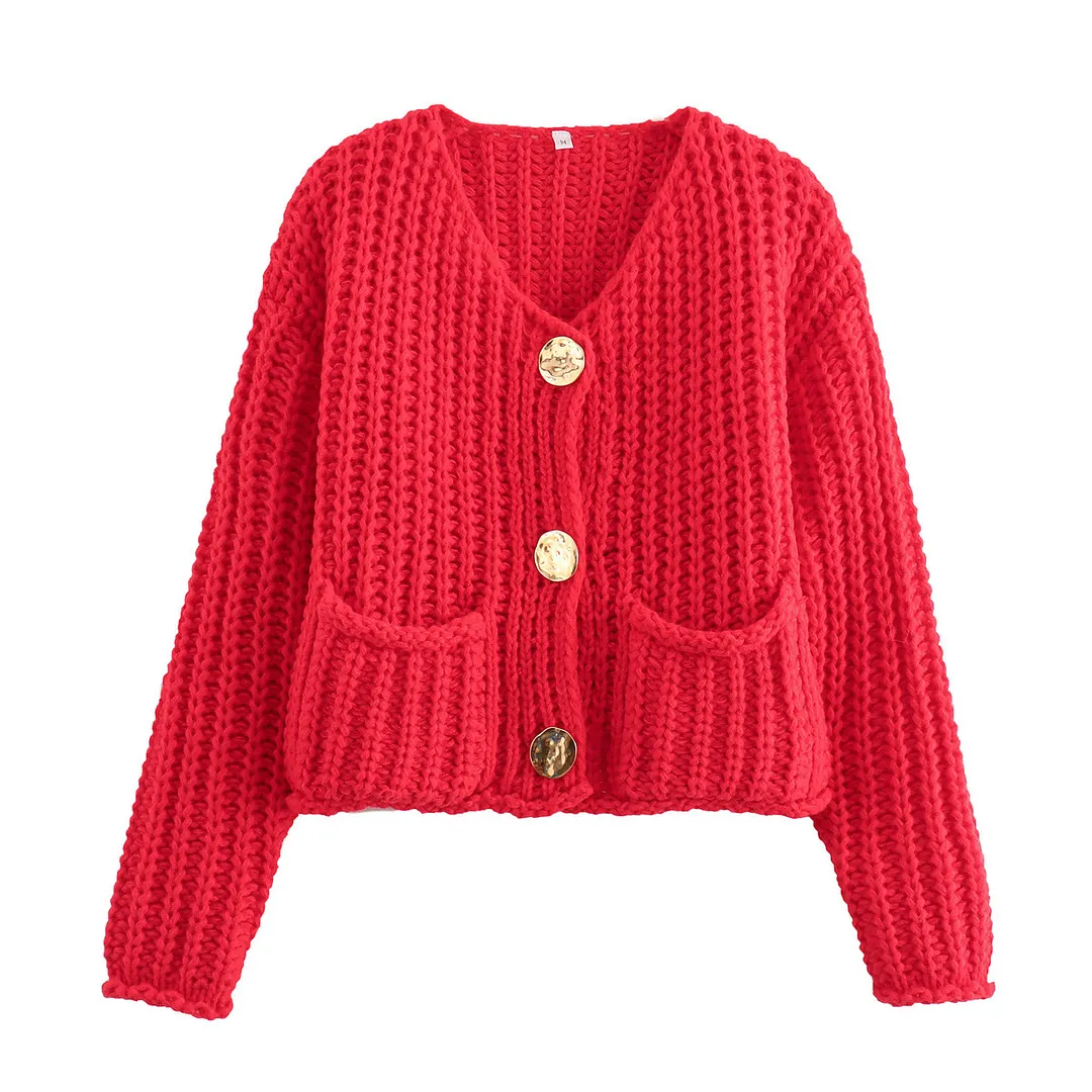 Nigikala Nigikala Women's Solid Color Single Buckle Double Pocket Short Thick Knit Shirt Coat Top B66004