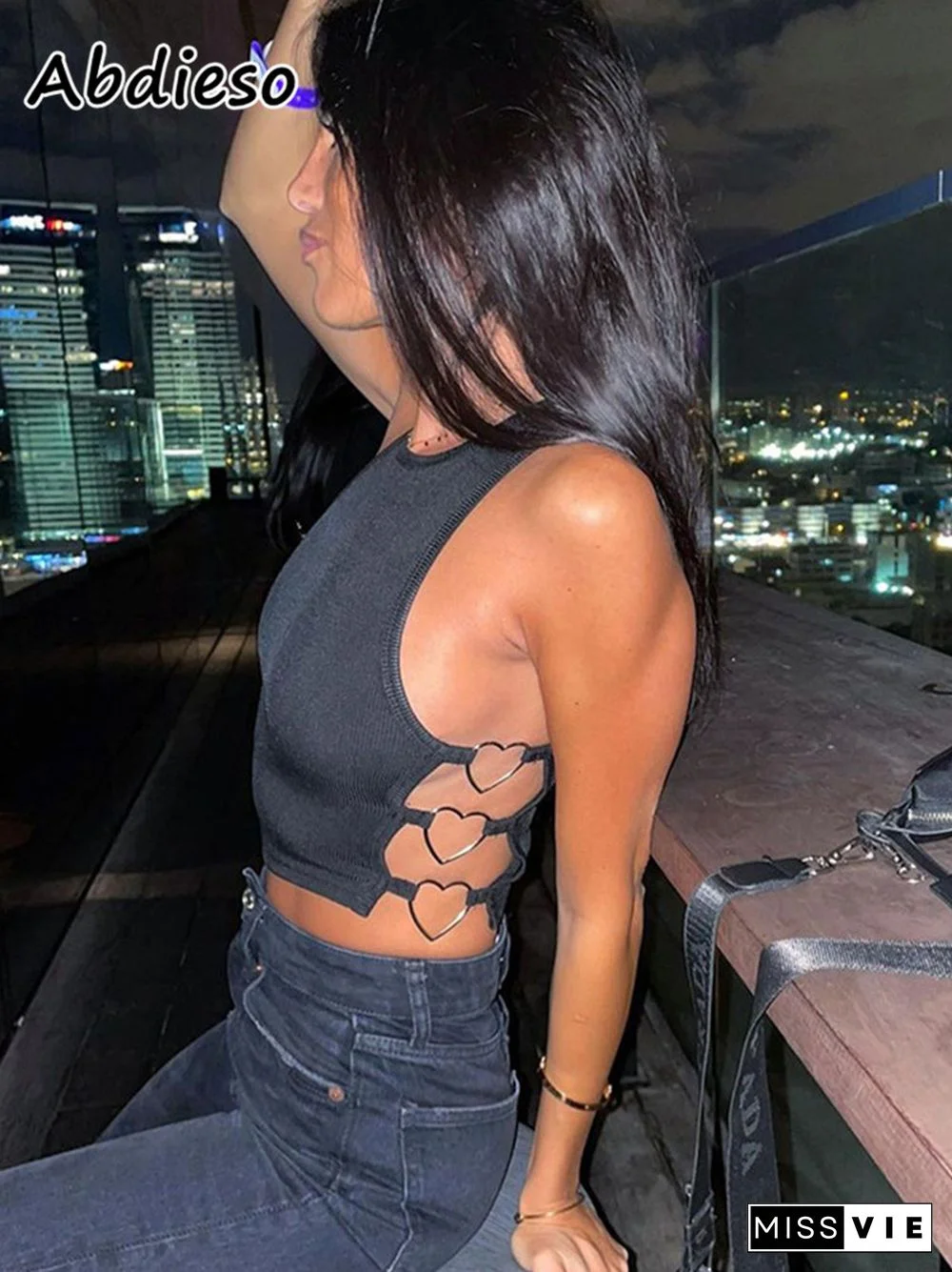 Black Hollow Out Streetwear Y2K Tops Casual Sleeveless O Neck Summer Design Ribbed Tank Top Sexy Women Clothes