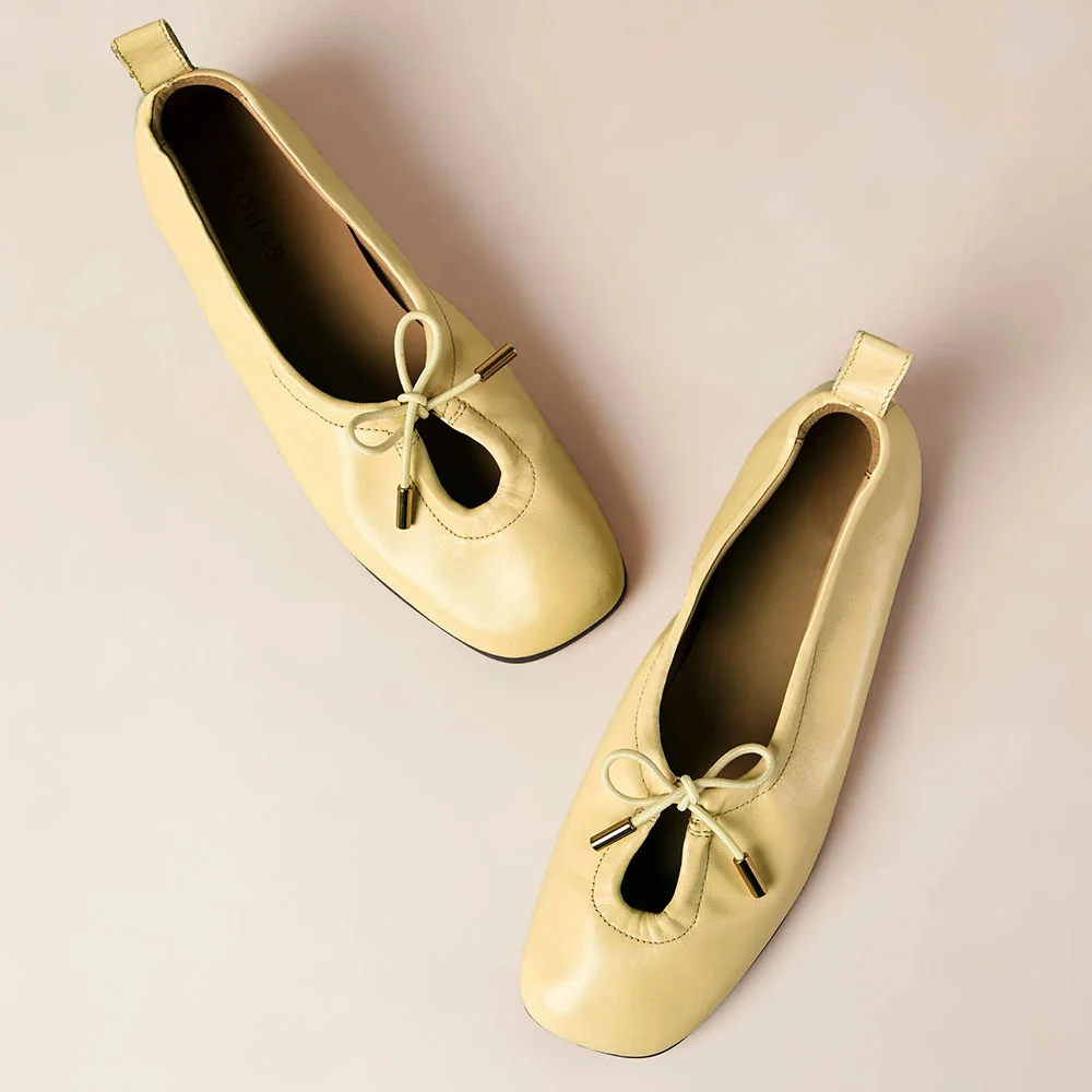 Yellow Square Toe Lace Up Bow Comfortable Ballet Flats Nicepairs