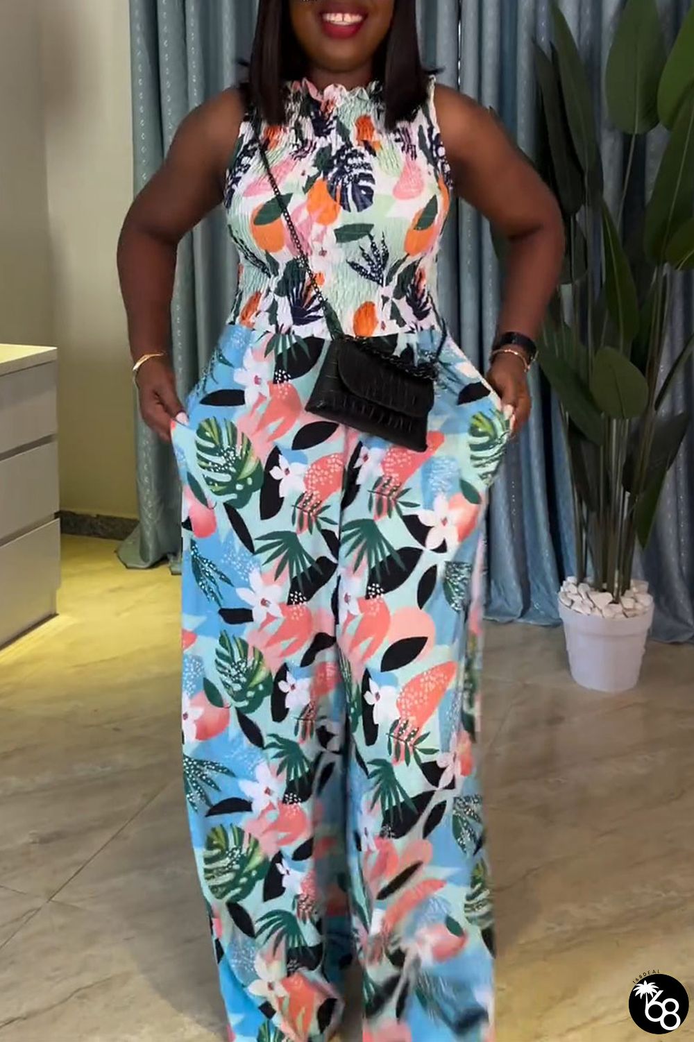Casual Street Daily Elegant Vacation Mixed Printing Printing Contrast Smocking Regular Jumpsuits | 168DEAL
