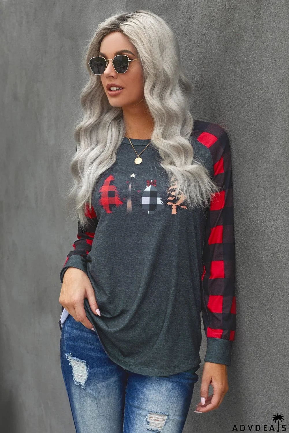 Christmas Pattern Plaid Splice Long Sleeve Top