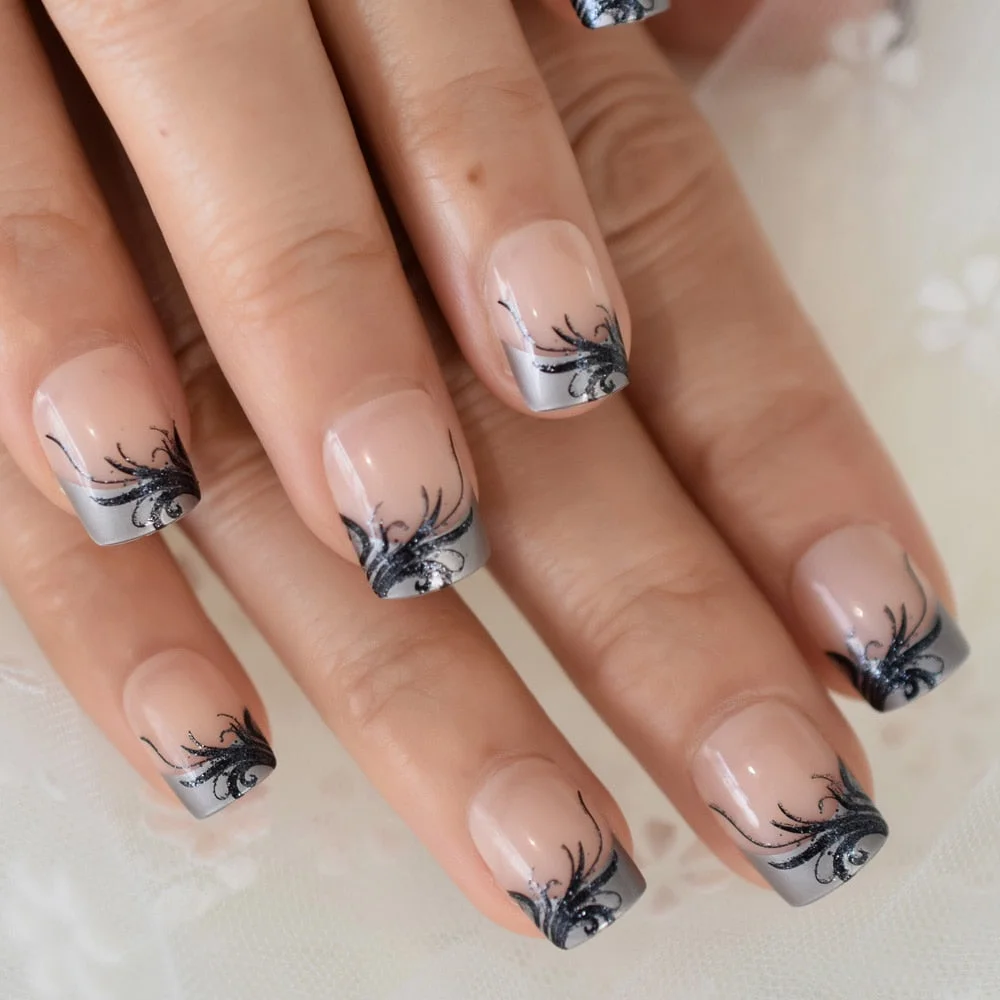 Press On Nail Art With Black Lace Designs French Nail Decorations Set Short Nude Artificial Fake Nail Tip-Nail Inspo