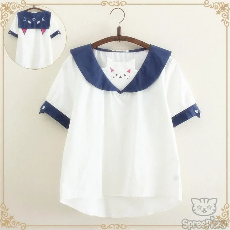 White Kawaii Cat Ear Sailor Shirt SP167036
