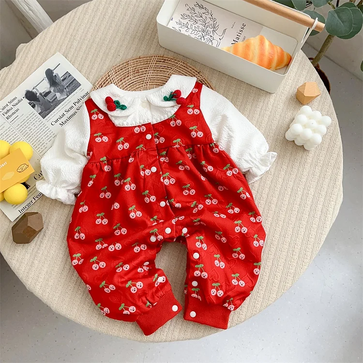 Baby Girl Mock Two-pieces Cherry Pattern Long Sleeve Romper