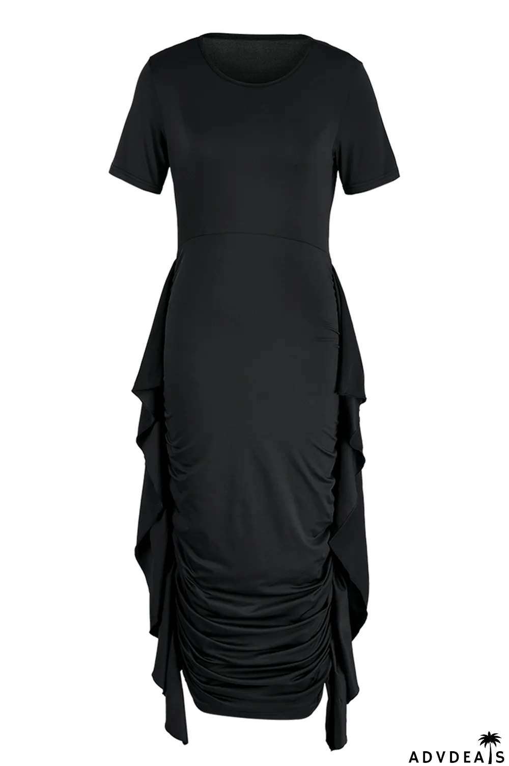 Brown Fashion Solid Flounce Fold O Neck Pencil Skirt Dresses