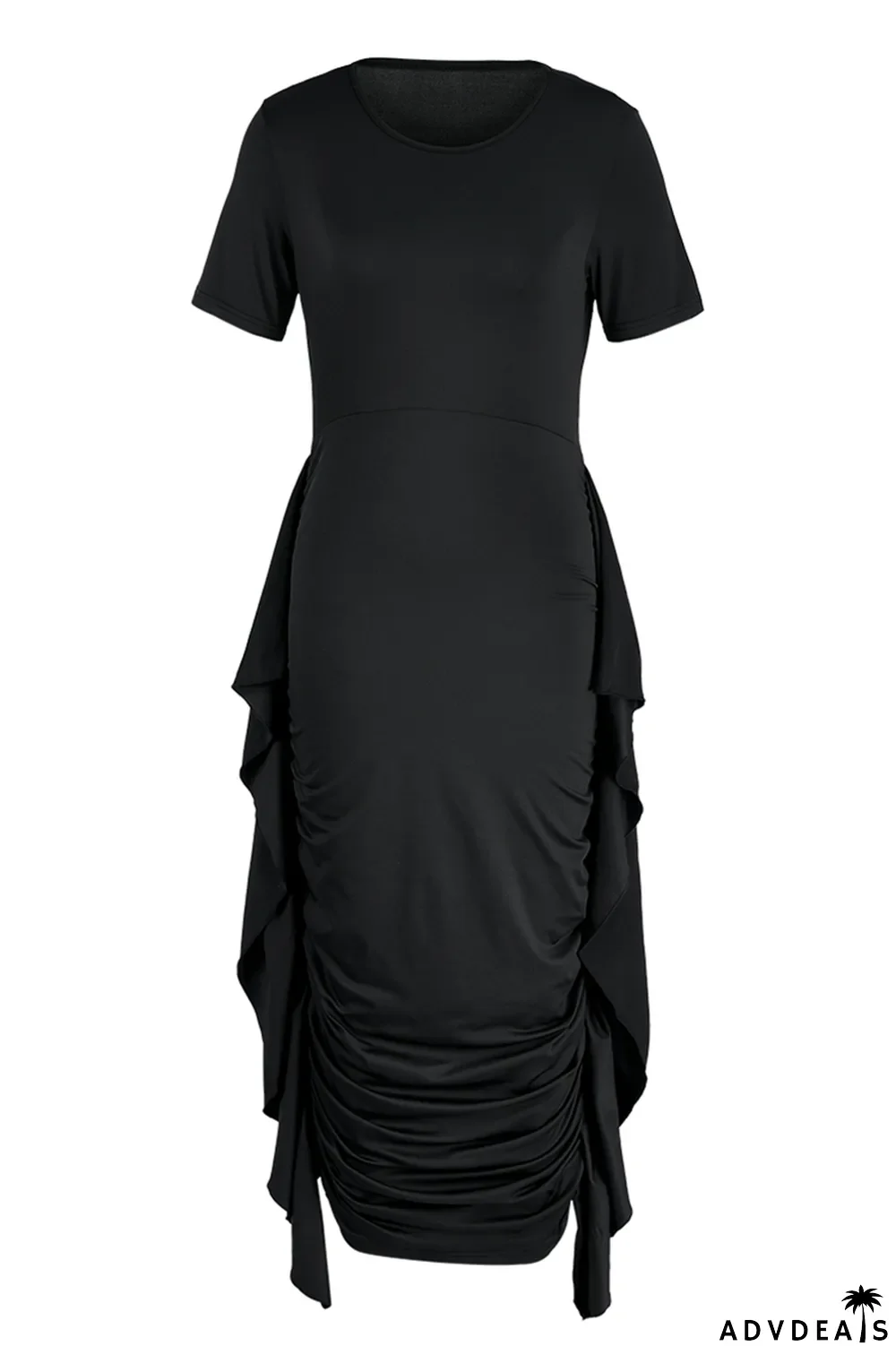 Brown Fashion Solid Flounce Fold O Neck Pencil Skirt Dresses