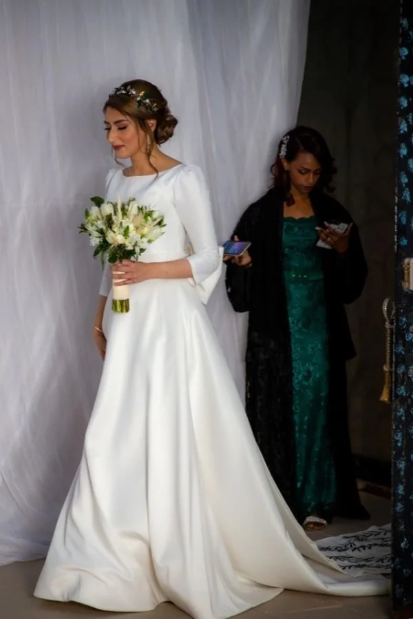 Long A-line Bateau Satin Wedding Dress With Sleeves