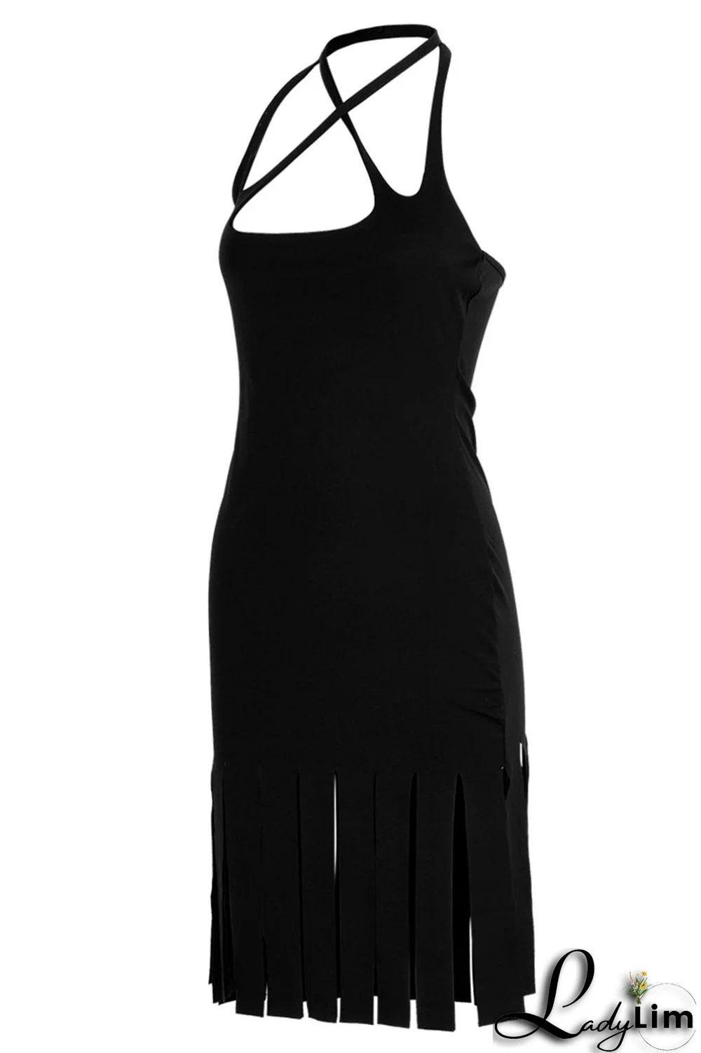 Black Sexy Solid Tassel Split Joint Pencil Skirt Dresses