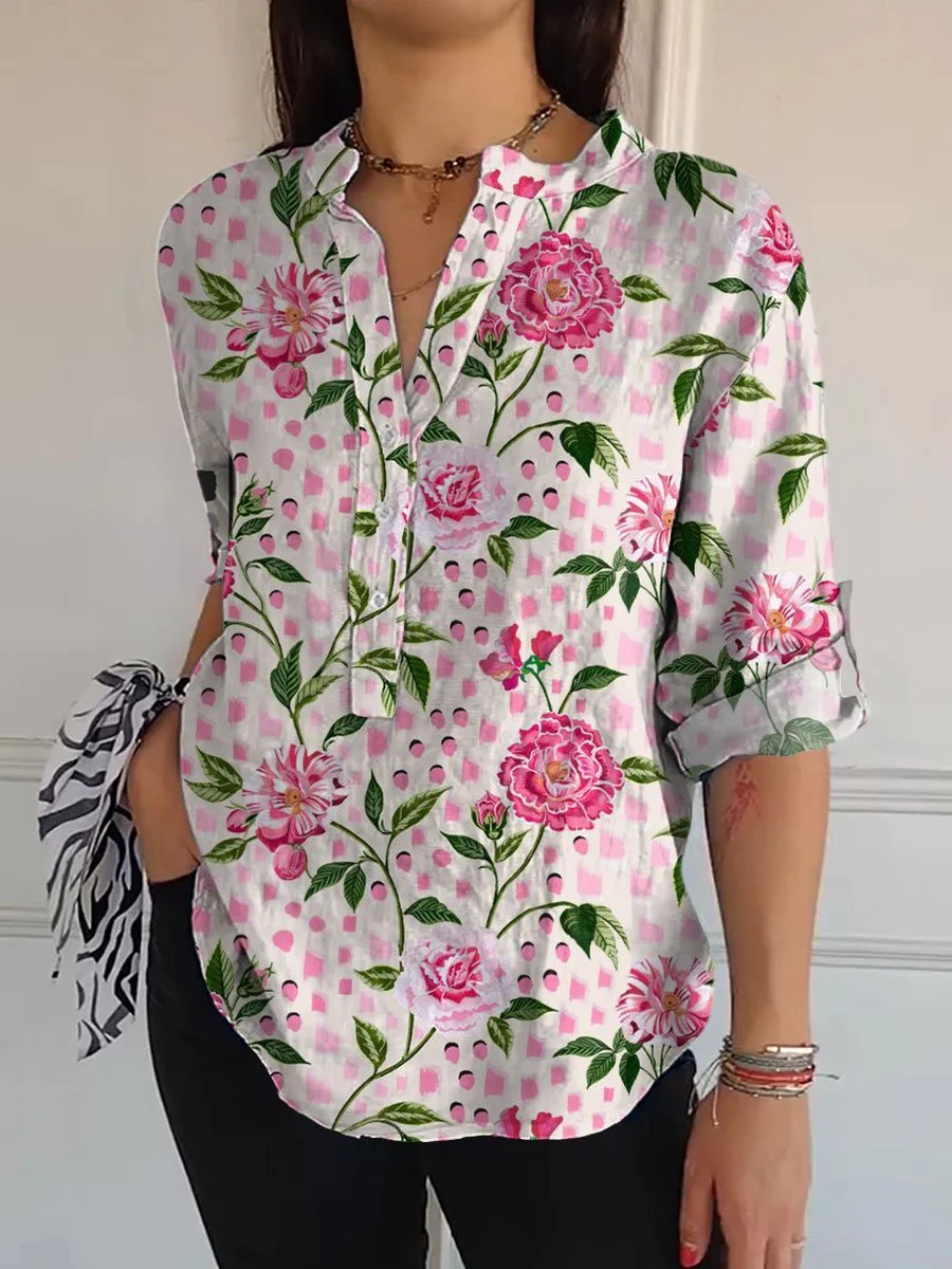Women's   Flowers  Print Casual Long Sleeve Comfortable Cotton Shirt