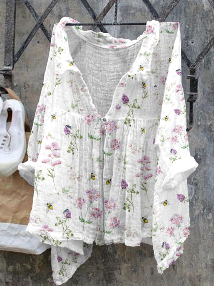 Comstylish Ladies Floral Bee Pattern Casual Cotton Linen Shirt