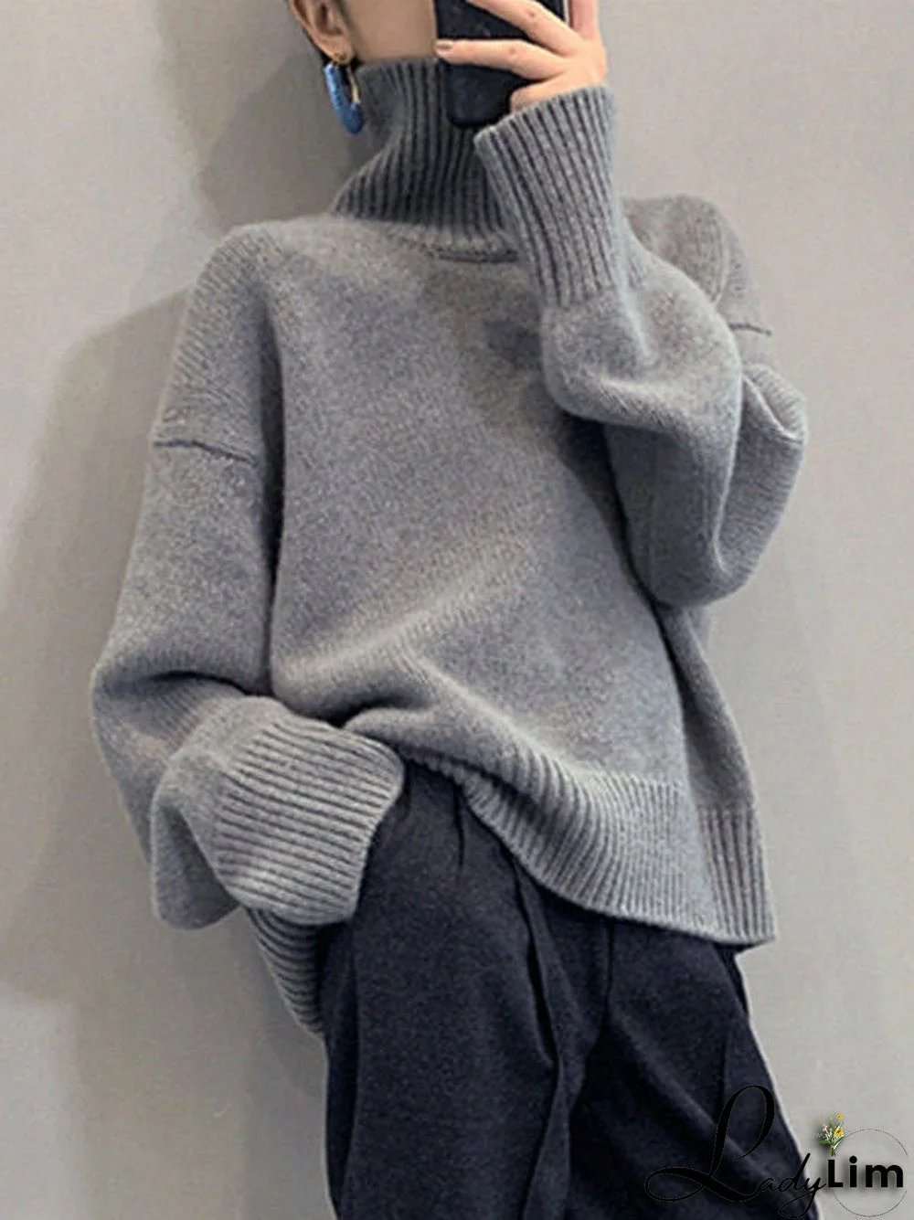 Casual Loose Long Sleeves Solid Color High-Neck Sweater Tops