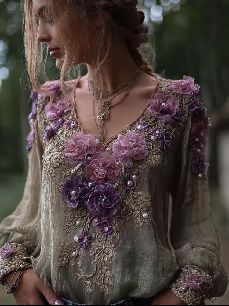 Bohemian Style Round Neck Long Sleeve 3d Purple Flower Design Cotton And Linen Top For Women