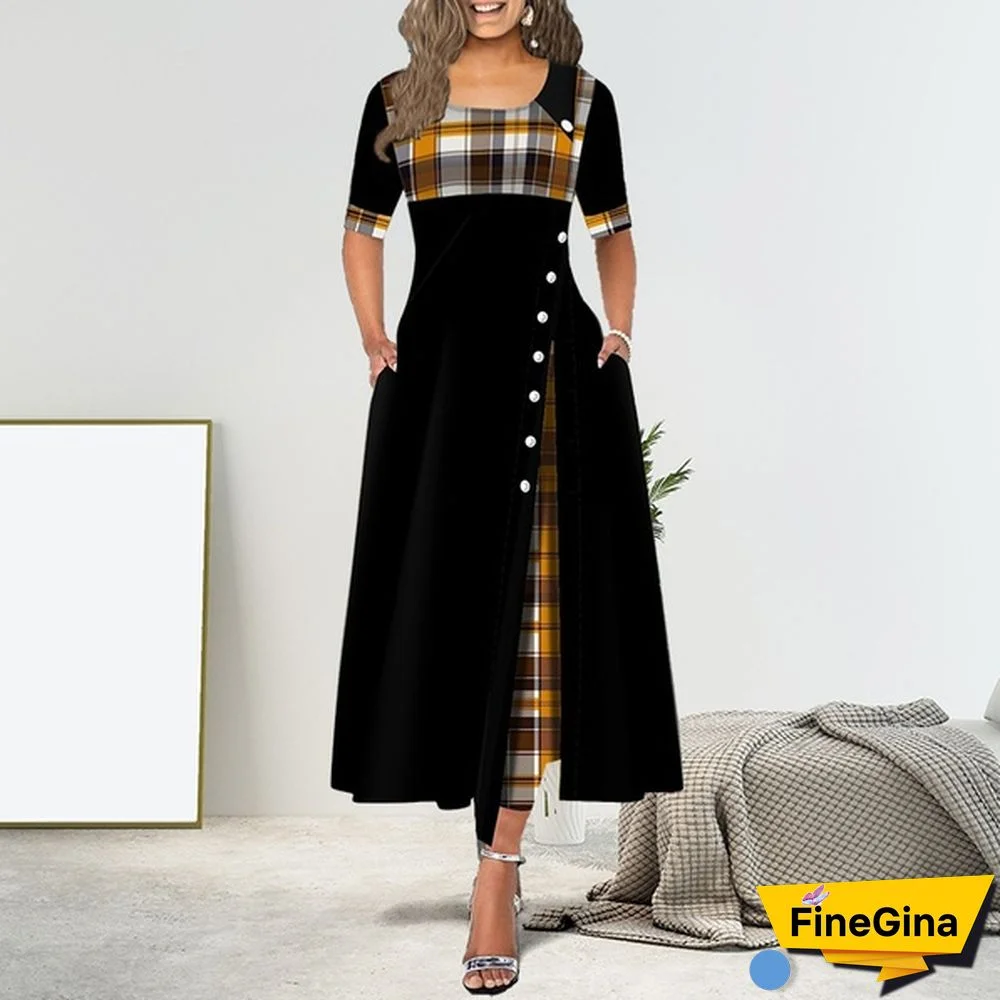 Women's Fashion Half Sleeve Plaid Print Button Detail Maxi Dress Vintage Dress Plus Size S-5XL
