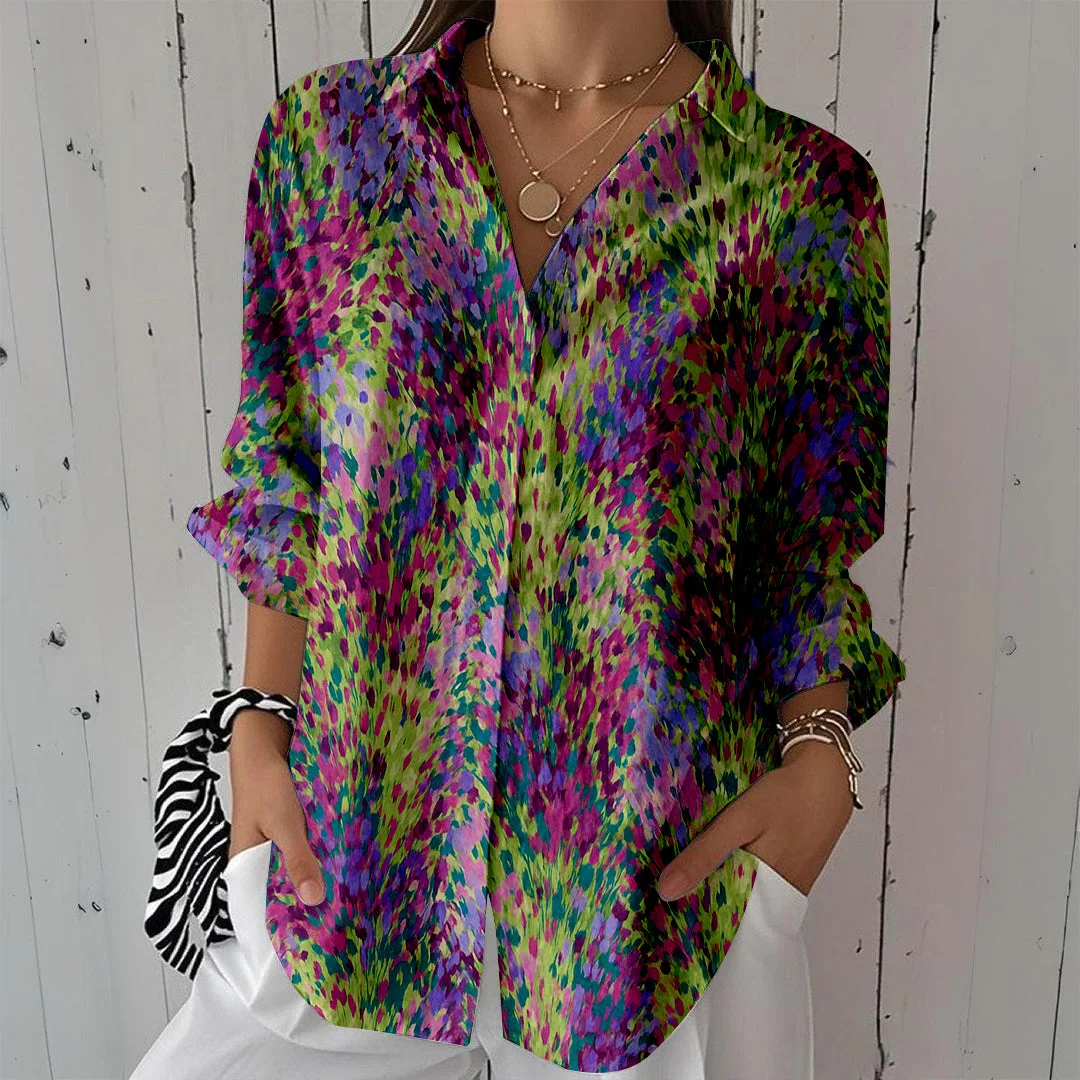 Style & Comfort for Mature Women Women Splashed,  Green,  Red DZCL0415 3/4 Sleeve Shirt Collar Printed Button Tops