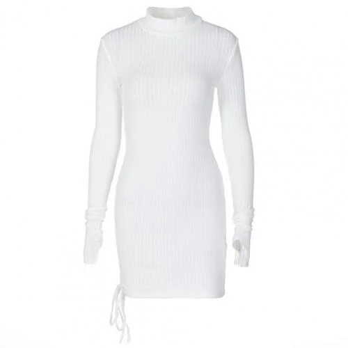 Sweater Dress Ribbing Turtleneck Autumn Winter Long Sleeve Drawstring Ruched Bandage Dress Streetwear