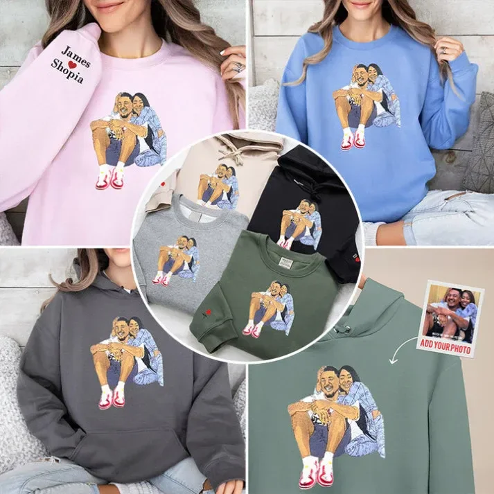 TOSCUSTOM™ Custom Full Color Portrait Couples Embroidered Sweatshirts from Photo