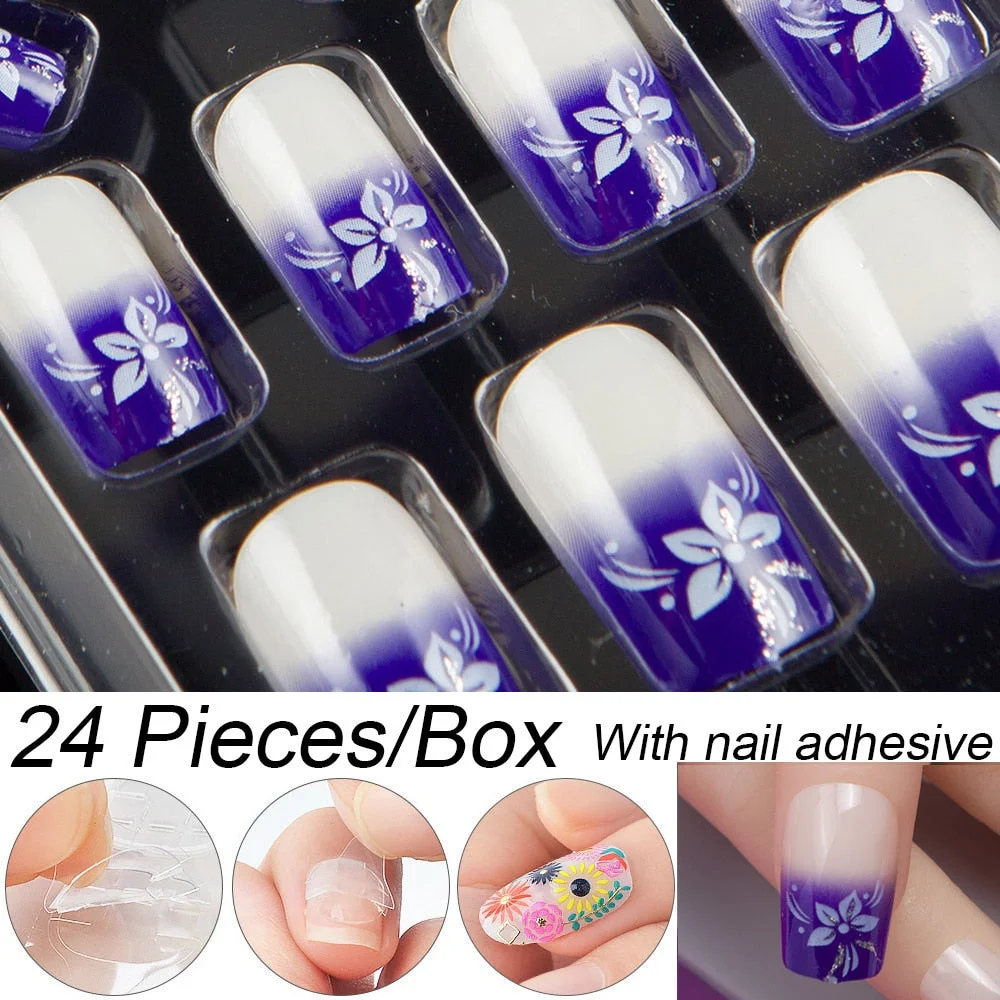 Fashion 24pc/set 10 Sizes Fake Nails Full Cover French False Nail Tips With Double-Sided Nail Adhesive Tab Press On Coffin Nail-Nail Inspo