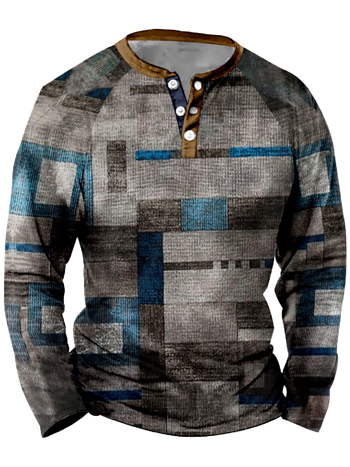 Men's Vintage Waffle Button Polo Distressed Long Sleeve T-Shirt PLUSCLOTHESMAN