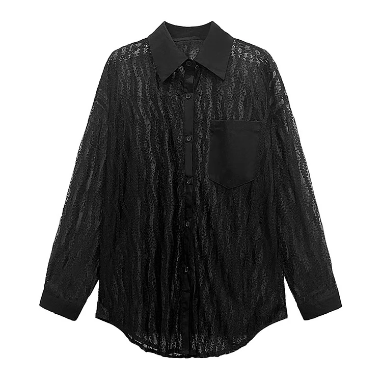 Dark Style POLO Collar Lace See-Through Shirt