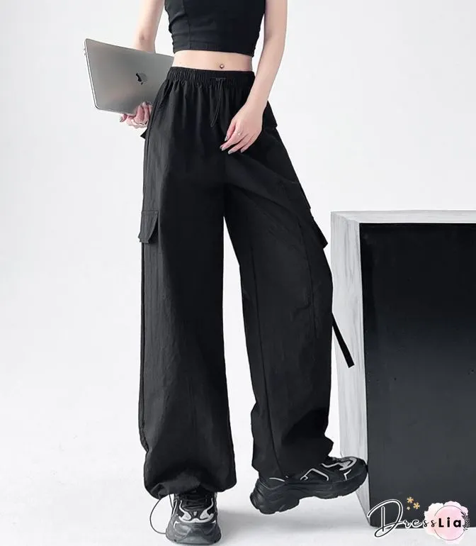 Retro Harajuku Pockets Cargo Pants Women Summer Loose High Waist Straight Trousers Korean