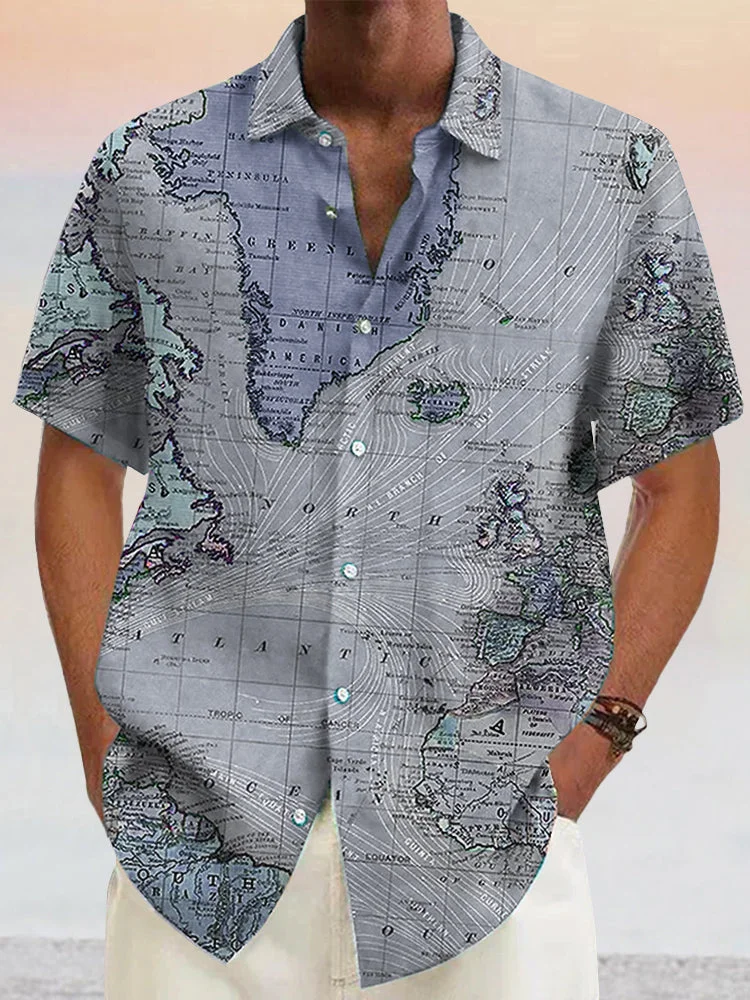 Stylish Map Pattern Cotton Linen Shirt