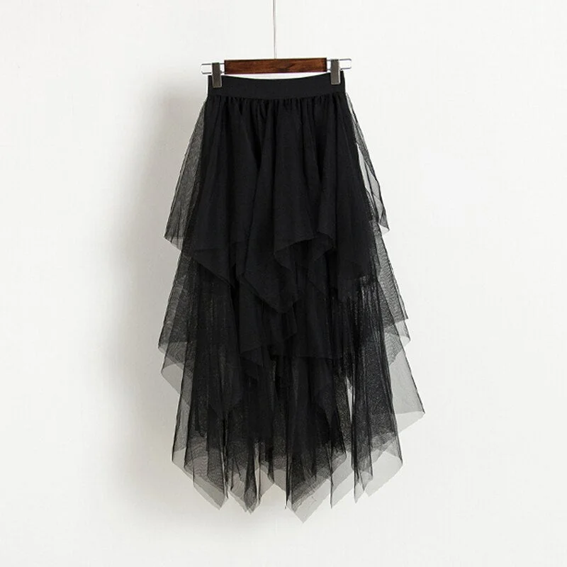 FTLZZ Tulle Skirts Women High Waist Mesh Skirt Hem Asymmetrical Pleated Midi Skirt Female Black Pink Summer Mid-calf Skirts