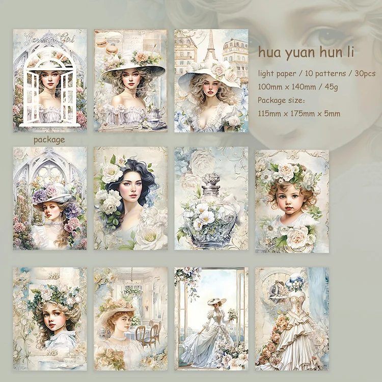 Journalsay 30 Sheets Garden and Girl Series Vintage Character Flower Material Paper