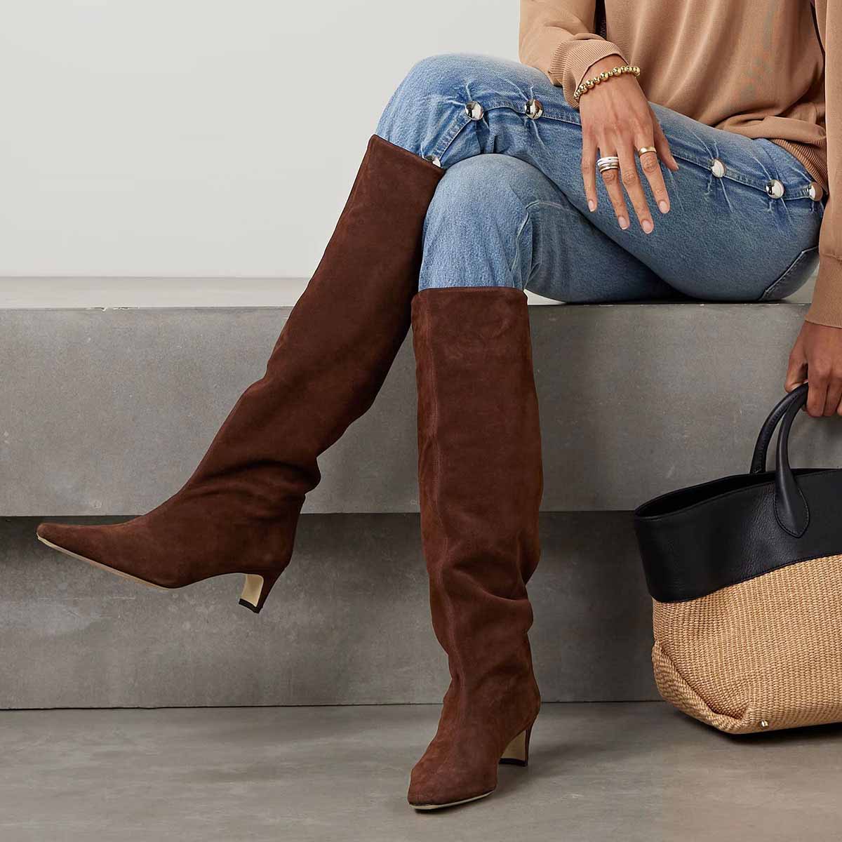 Brown Vegan Suede Pull-On Square Toe Chunky Heel Knee High Boots Nicepairs