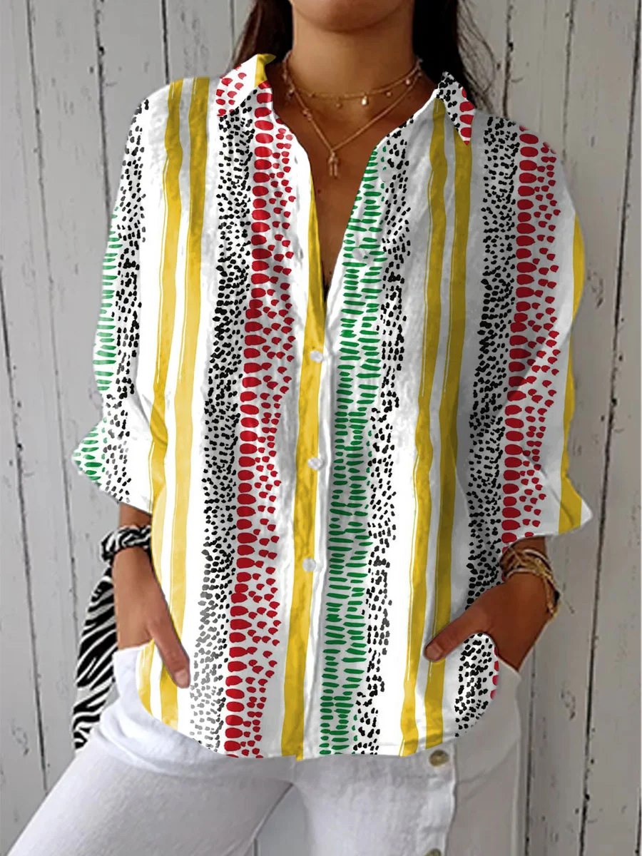 Women's Vintage Line Art Print Casual Linen V-neck Shirt