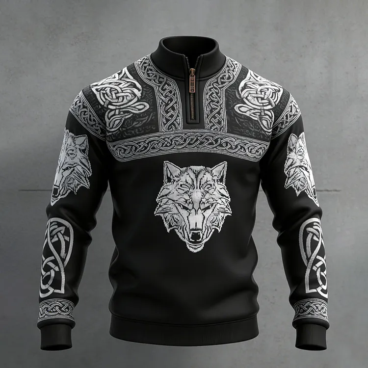 Men's Viking Wolf Celtic Knot Art Zipper Stand Collar Sweatshirt
